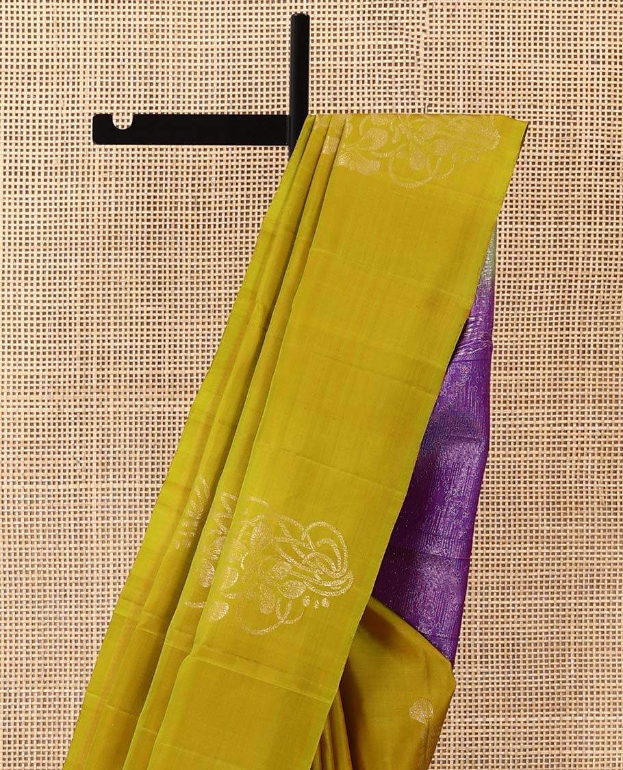 Borderless yellow floral buttas woven soft silk saree, contrast pallu of floral and chevron designs