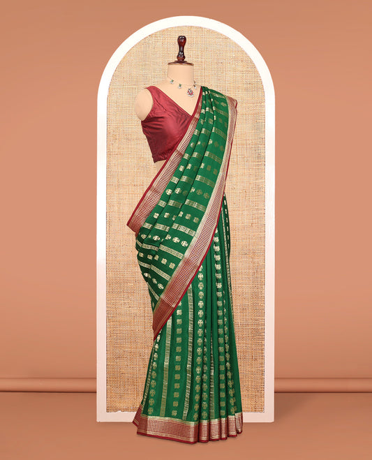 Green Mysore Silk Saree, Adorned with Peacock and Two-Headed Eagle Buttas, Complemented by a Contrast Traditional Zari Border, Intricate Pallu, and a Contrast Blouse