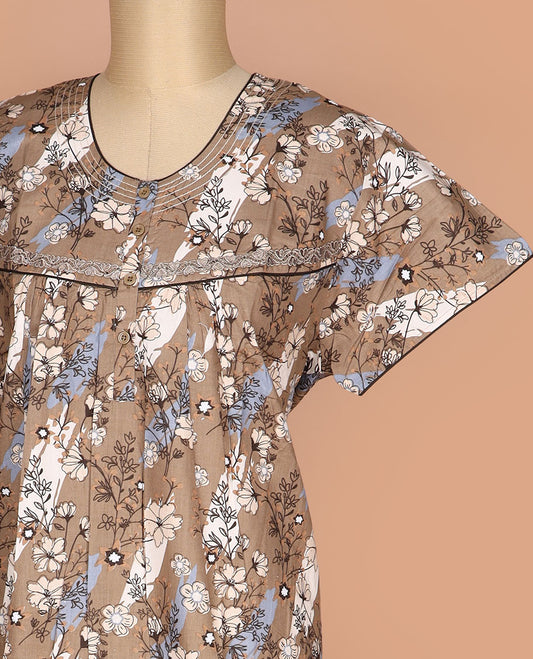 Brown floral printed with leaf necked lace work half-sleeve nighty