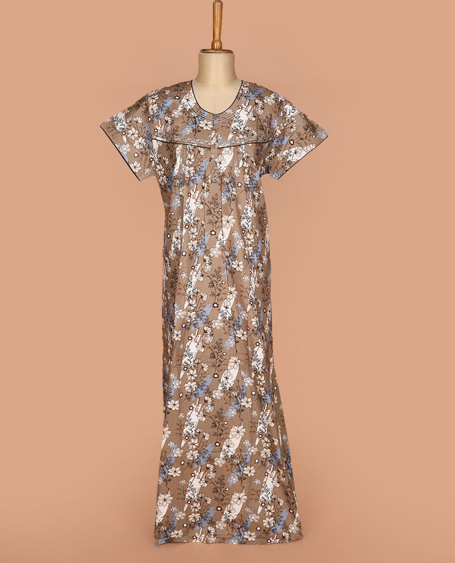 Brown floral printed with leaf necked lace work half-sleeve nighty