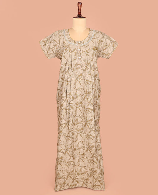 Light Sandal Cotton Nighty Bedecked with Floral Patterns Print, Featuring Lace Work, Round Front Neck, and Half Sleeves