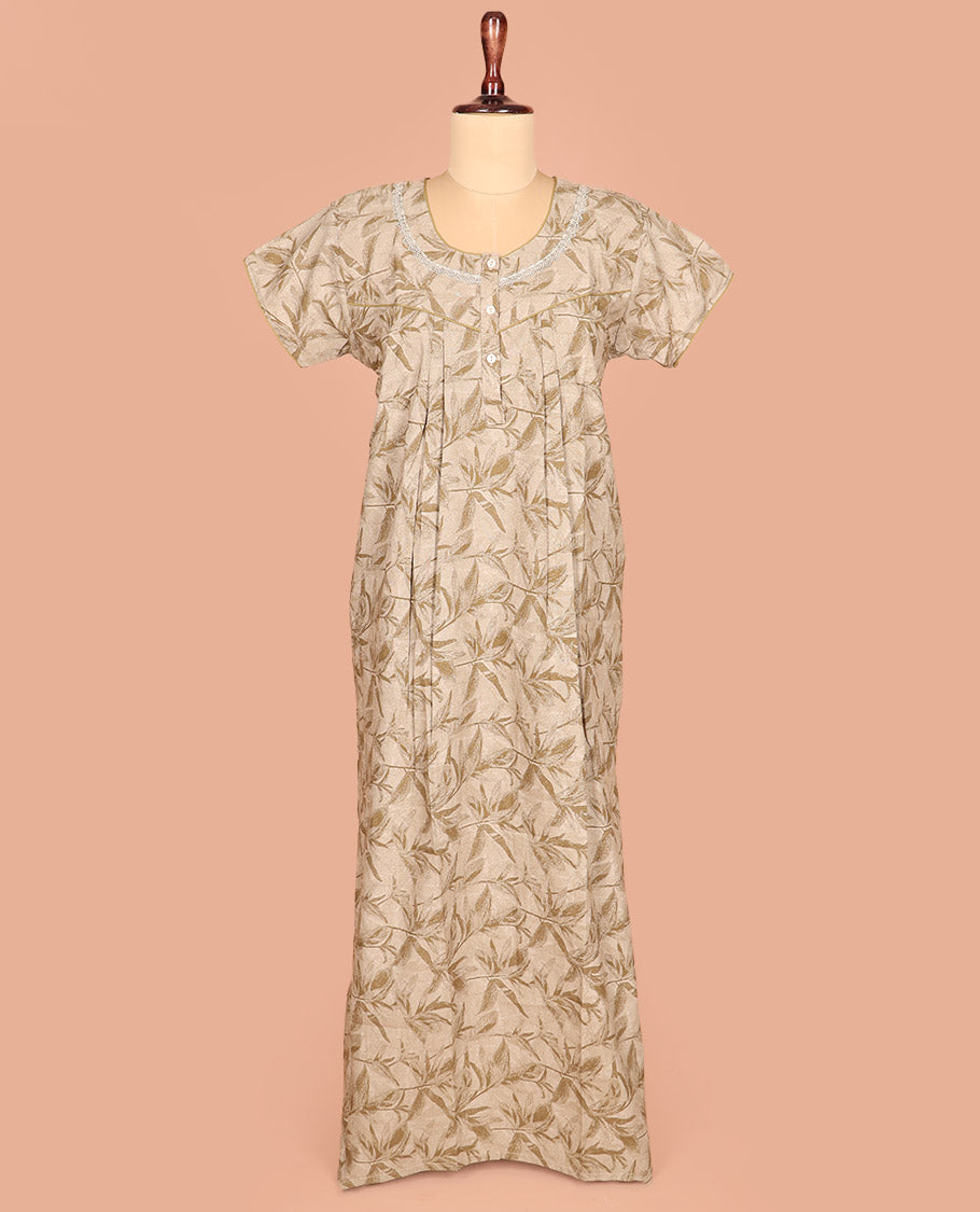Light Sandal Cotton Nighty Bedecked with Floral Patterns Print, Featuring Lace Work, Round Front Neck, and Half Sleeves