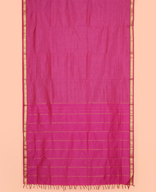 Rani Pink Muthu Checked Ten Yard Art Silk Saree, Complemented by a Traditional Zari Border, and Pallu Featuring Subtle Zari Stripes