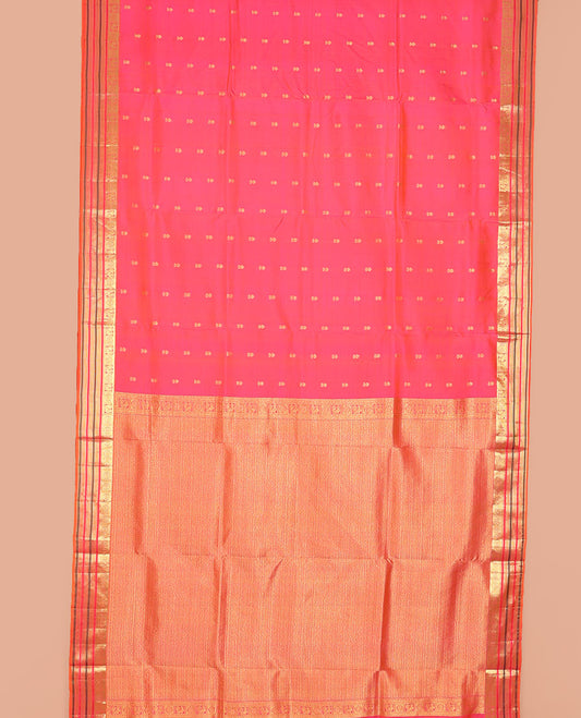 Pink zari buttas nine-yard silksaree,zari border of rekku,mayil chakram,mayil kann,banaras & neli & intricate pallu