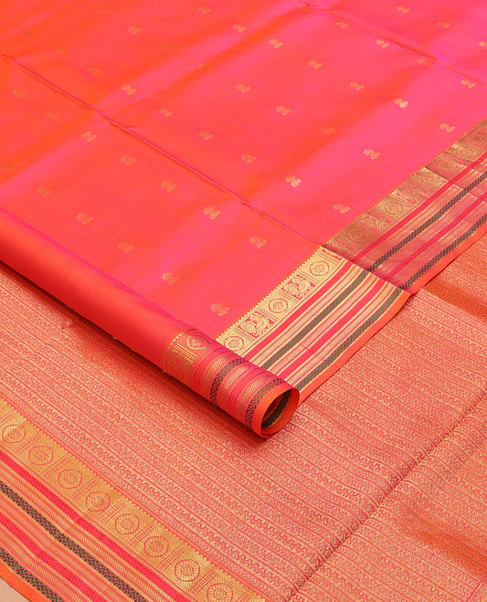 Pink zari buttas nine-yard silksaree,zari border of rekku,mayil chakram,mayil kann,banaras & neli & intricate pallu
