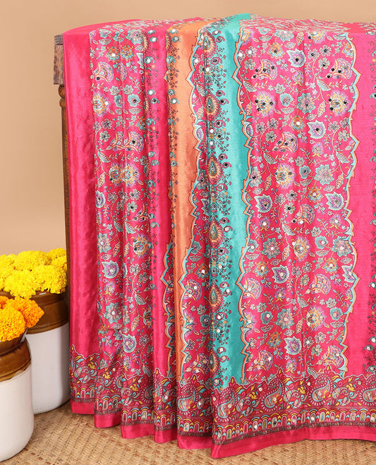 Rani pink printed, mirror synon silk saree with printed border & printed rich pallu along with plain blouse