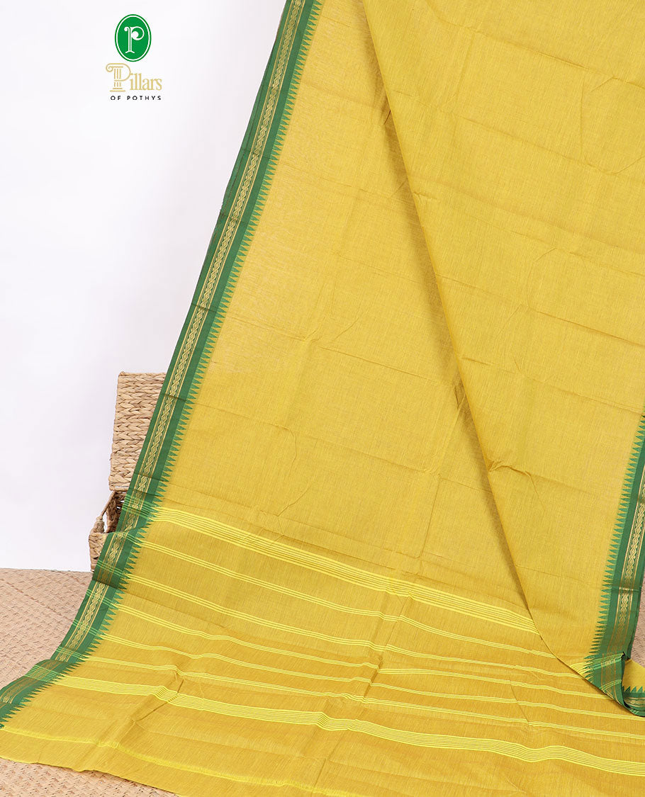 Green chettinad cotton saree with contrast temple design border
