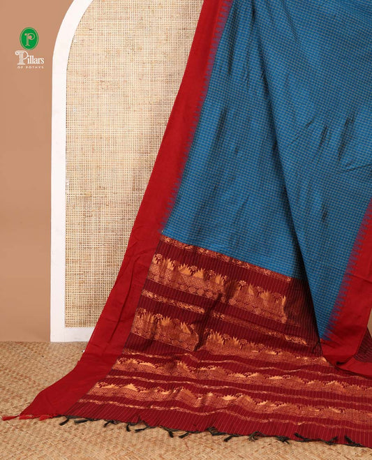 Blue checked kalyani cotton saree with contrast temple border & contrast rich reaving pallu along with contrast blouse