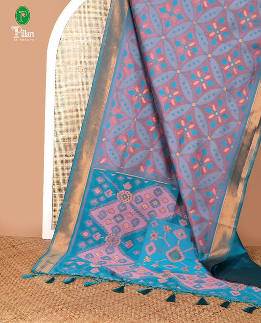 Purple with blue zari pochampalli weaving design mulberry silk saree with bawanchi, ikkat weaving border & rich pochampalli weaving pallu along with plain blouse