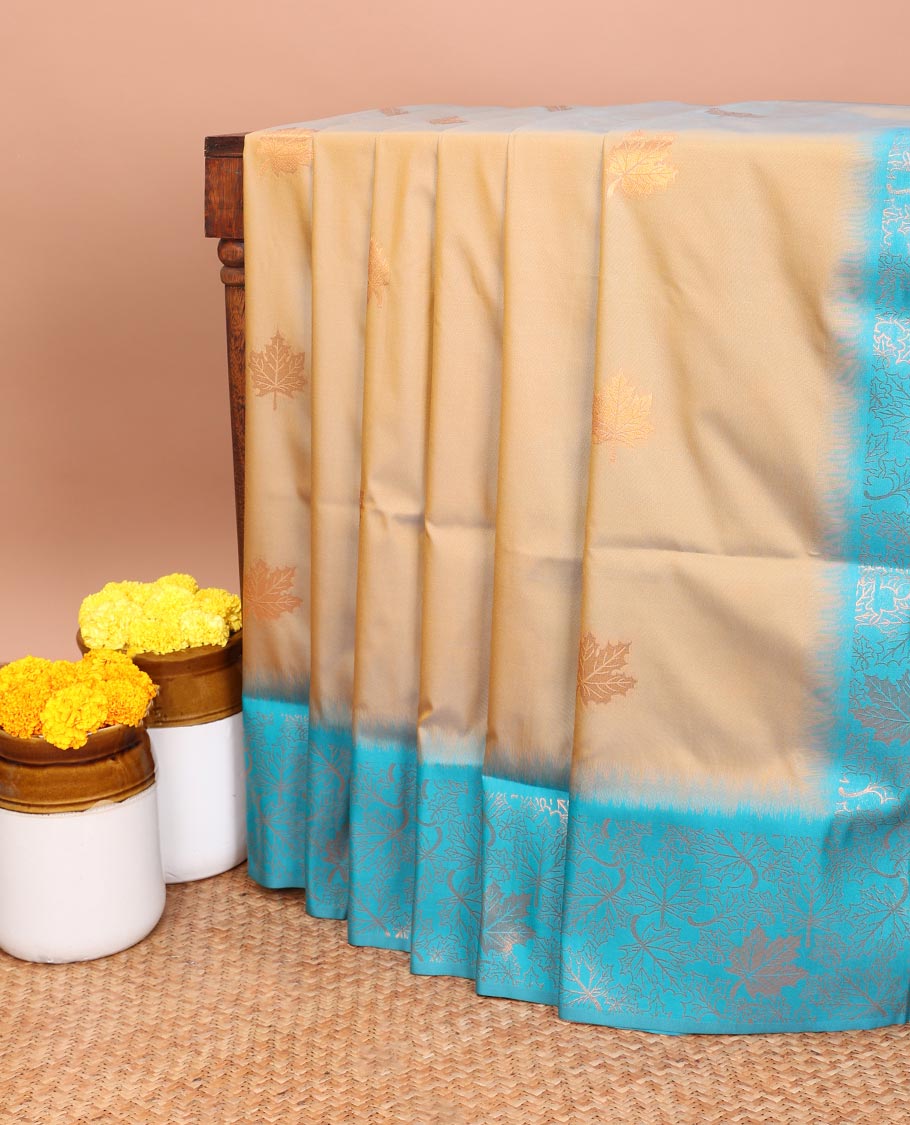 Mustard gold zari leaf butta mulburry soft silk saree with contrast zari weaving with tussels & contrast zari small buttas blouse