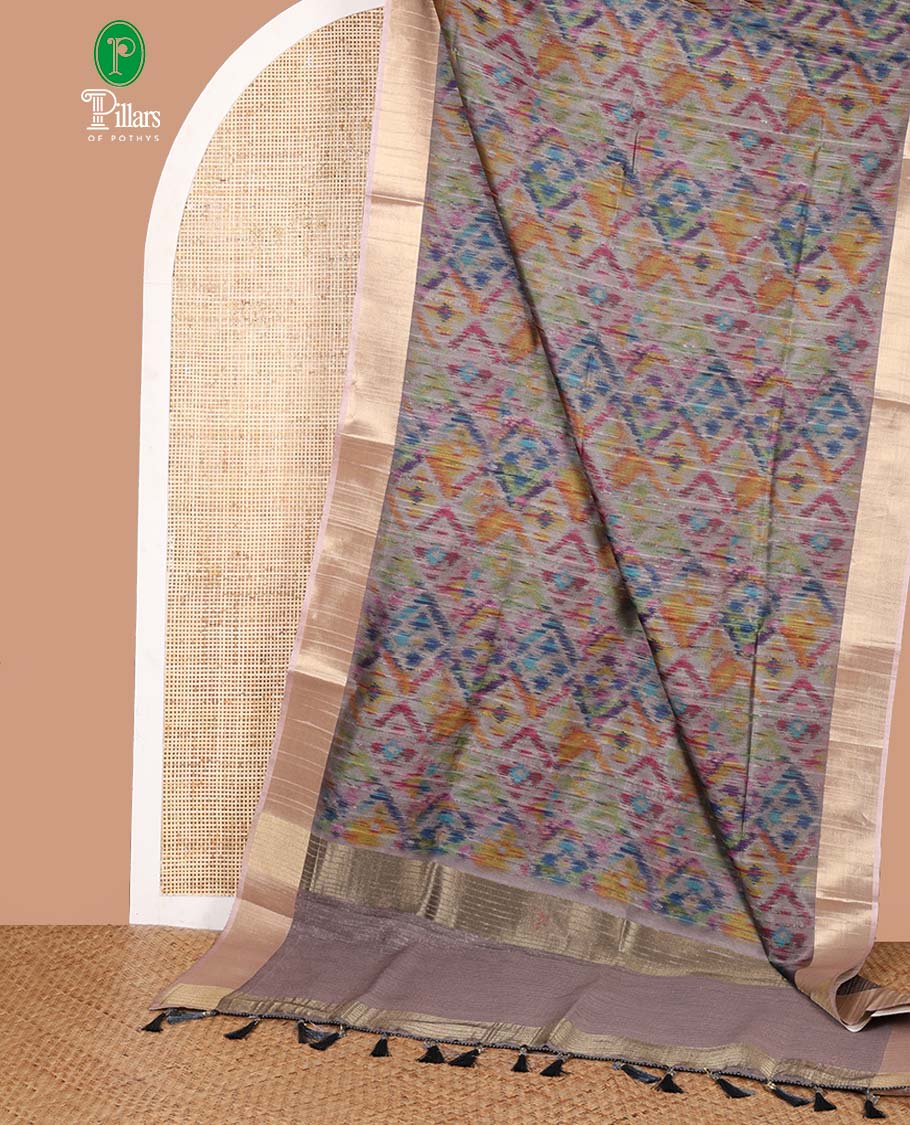 Grey ikaat style printed  khicha tussar saree with bawanchi border & jute weaving pallu along with printed blouse