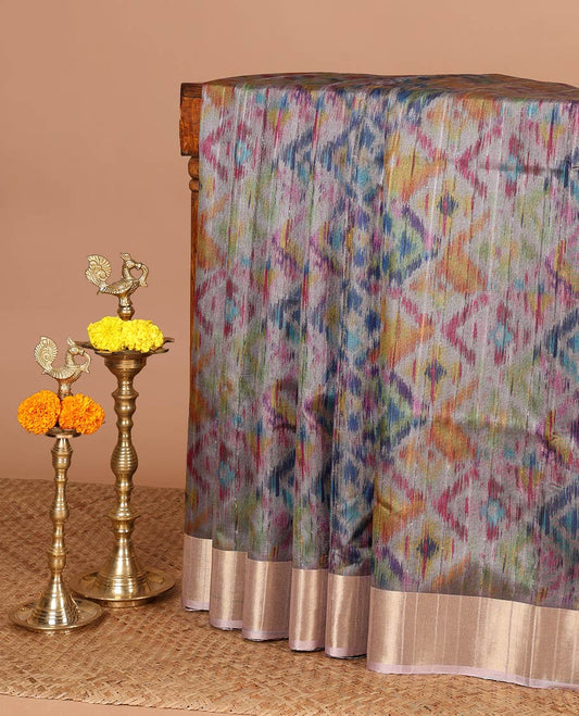 Grey ikaat style printed  khicha tussar saree with bawanchi border & jute weaving pallu along with printed blouse