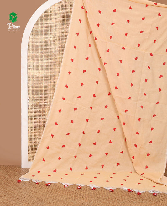 Borderless Cream heart thread embroidery jute cotton saree with self pallu & plain blouse