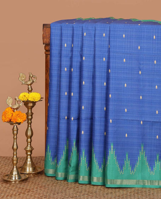 Blue small butta design kathan silk saree with contrast temple border & striped, temple design pallu along with striped blouse