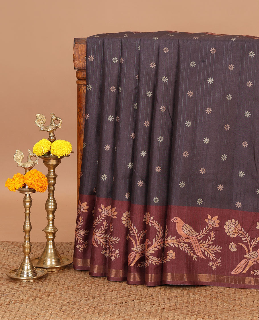 Black flower motifs katan silk saree, contrast floral vine & bird printed border & geometric & argyle printed pallu