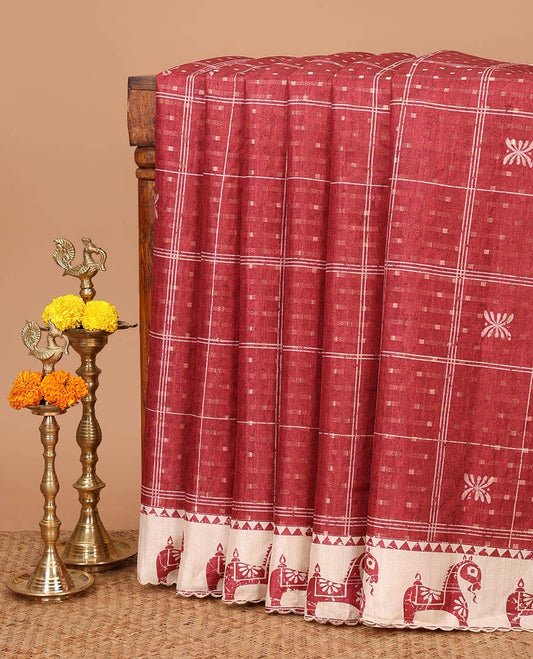 Maroon dobby-style buttas & checked printed semi-tussar saree, contrast Swadesh handblock printed scallop border & pallu features temple, horse & leaf vine motifs