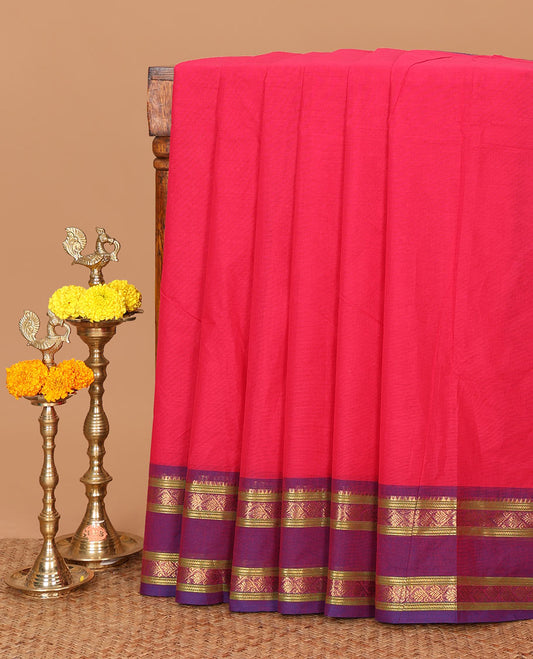 Pink plain Chettinadu cotton saree,contrast rettai rettu traditional zari border,lining seer pallu & matching plain blouse