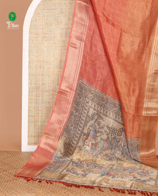 Orange ombre zari checked tissue jute saree, traditional zari border,Madhubani hand painting-style printed pallu & fish print blouse