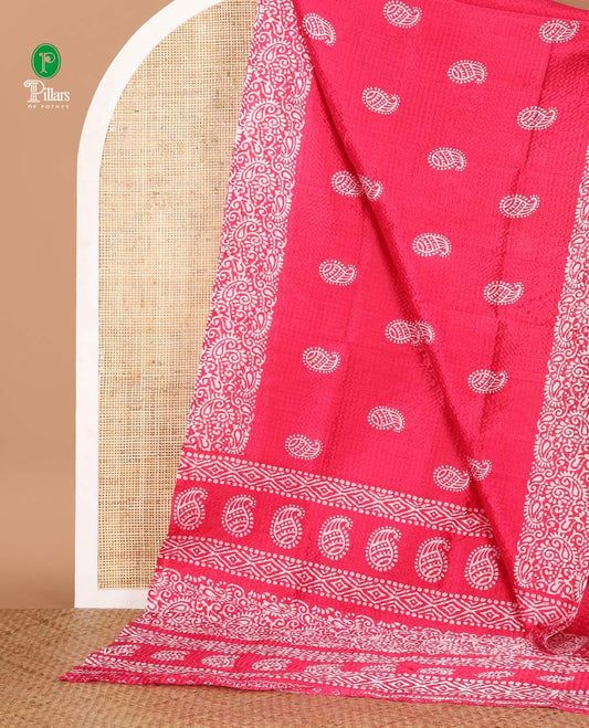 Pink mango motifs batik printed litch crushed saree, mango motif border, pallu of mango & geometric print & small butta print blouse