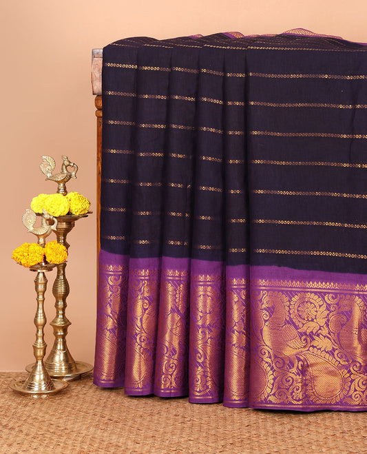 Dark purple veldhari design sungudi cotton saree,contrast border of floral, mango & peacock, veldhari striped pallu & zari design blouse