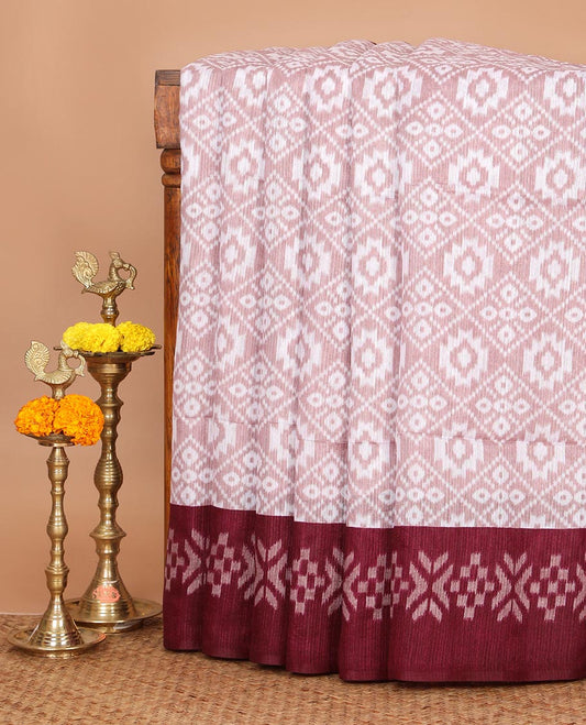 White Ikkat deisgn printed jute tussar silk saree , maroon contrast border , ikkat  design printed pallu