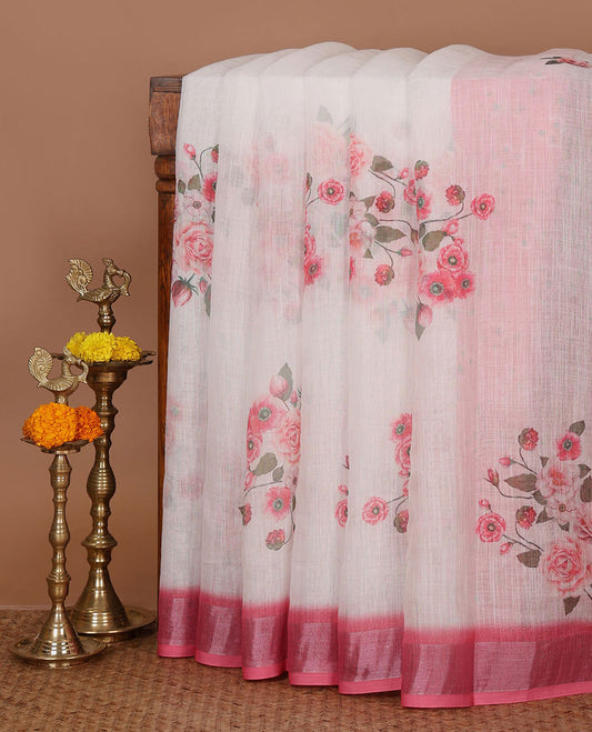 White rose floral printed linen saree, contrast silver bavanji border, floral printed pallu & floral printed brown blouse