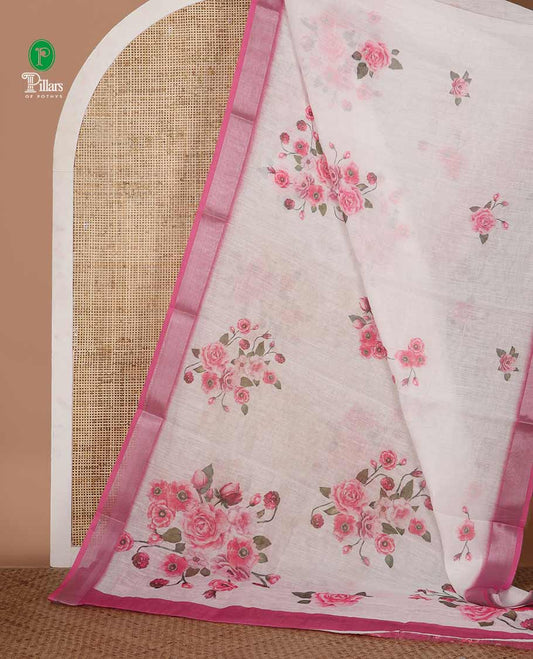 White rose floral printed linen saree, contrast silver bavanji border, floral printed pallu & floral printed gajri blouse