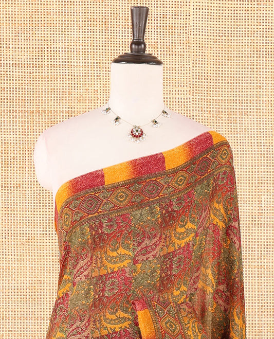 Multi-color intricately floral printed kimaya saree, ogee design printed border, intricately printed pallu & contrast color printed blouse