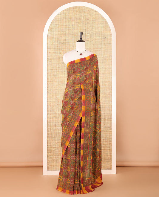 Multi-color intricately floral printed kimaya saree, ogee design printed border, intricately printed pallu & contrast color printed blouse