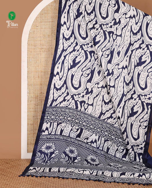 Borderless navy blue abstract-style fancy printed khadi cotton saree, floral-geometric printed pallu & navy blue printed blouse