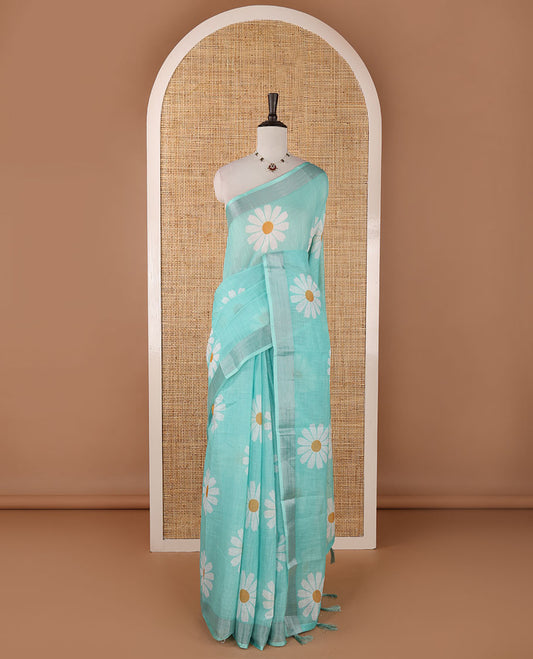 Peacock green sunflower motif printed linen saree, silver zari plain border & small sunflower motif print blouse