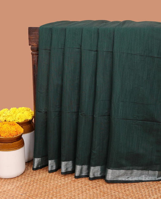 Dark green linen saree with self-border & striped pallu