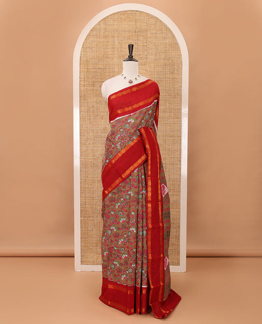 Grey lotus design printed sungudi cotton saree, contrast rettai pettu zari border, geometric pallu & running blouse