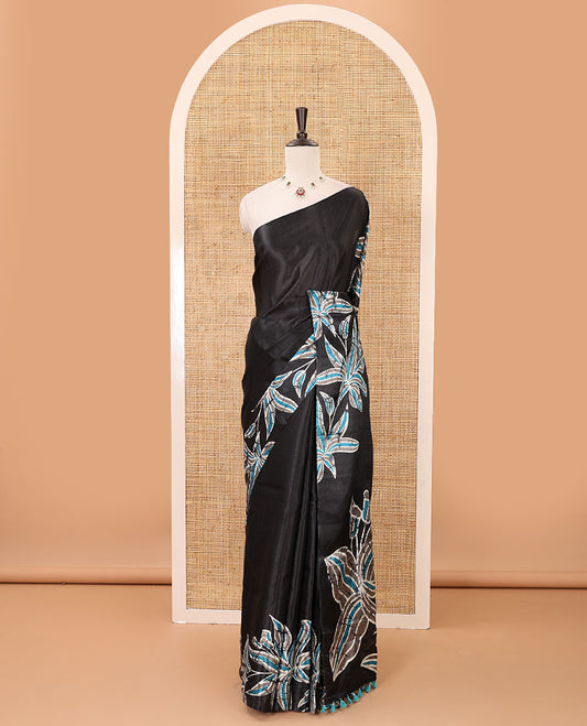 Black-base plain body khadi cotton saree with batik-style blue-color floral printed border & pallu, line-type blouse