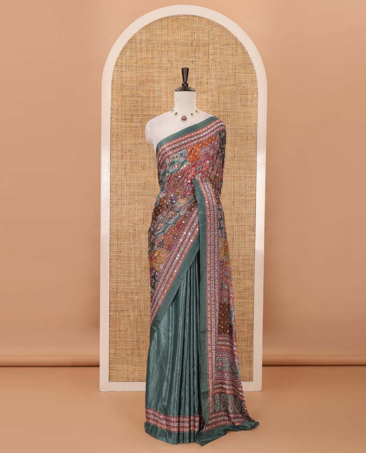 Green-base colorful pasiley-theme printed & real mirror embroidery masakali saree, self-border & pallu of print & mirror work