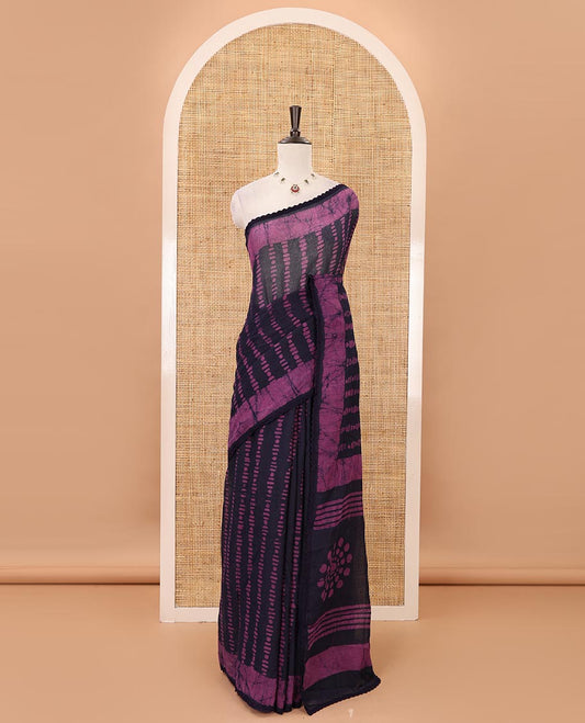 Navy blue handblock wax batik printed kota check saree, contrast batik print lacework border, batik print pallu & polka dots print blouse