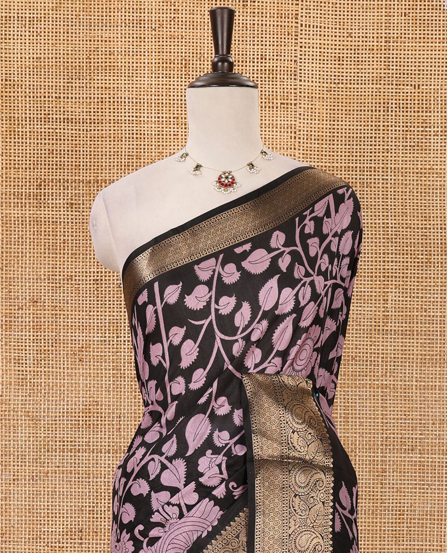 Black-lavender kalamkari floral vine & peacock printed Dola silk saree,traditional border,kalamkari print pallu & matching blouse of print & zari work