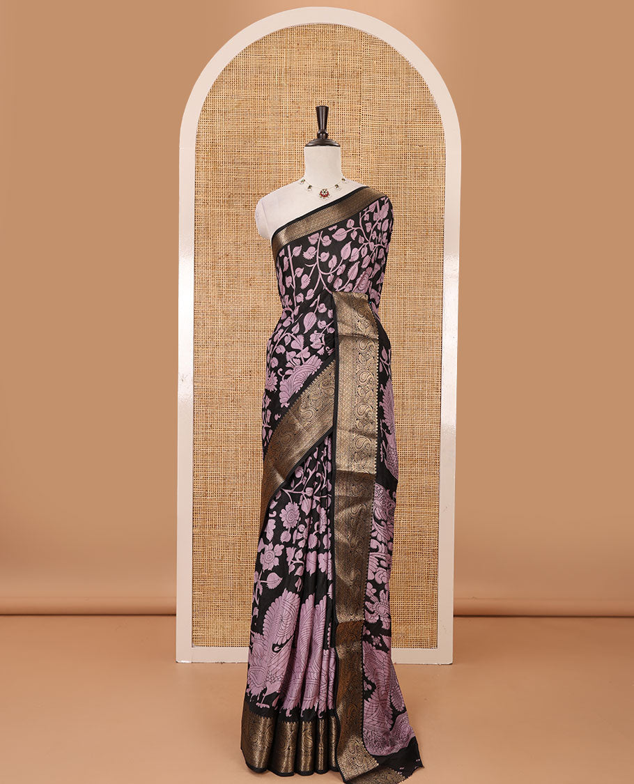 Black-lavender kalamkari floral vine & peacock printed Dola silk saree,traditional border,kalamkari print pallu & matching blouse of print & zari work