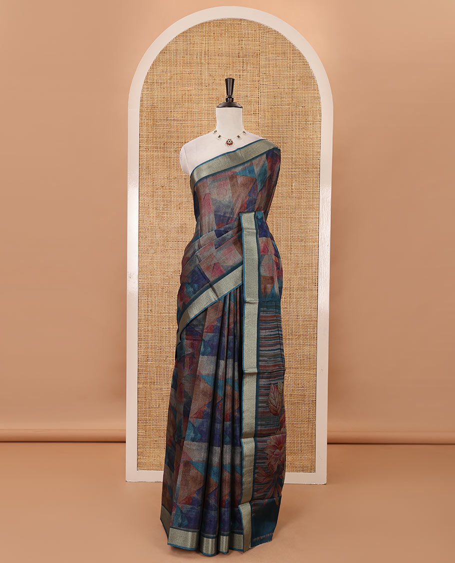 Purple-base colorful abstract printed black spun linen saree, zari piping border, floral printed pallu & printed blouse