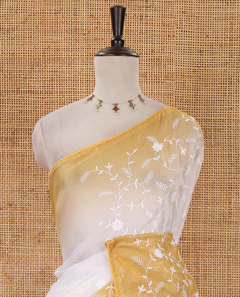 White-yellow color 2D-style print & floral vine chikankari embroidered kota check saree, lace border & plain blouse
