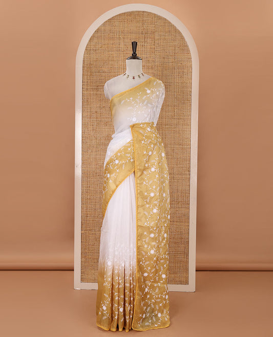 White-yellow color 2D-style print & floral vine chikankari embroidered kota check saree, lace border & plain blouse
