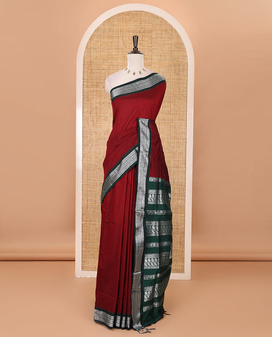 Maroon full-plain Kalyani cotton saree, contrast traditional zari design border, zari design steeped pallu & contrast plain blouse