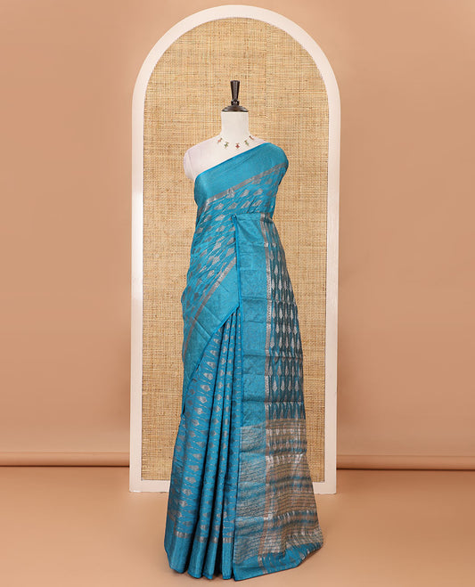 Blue zari & resham thread arrow design woven art silk saree, zari design satin embossed border & matching blouse