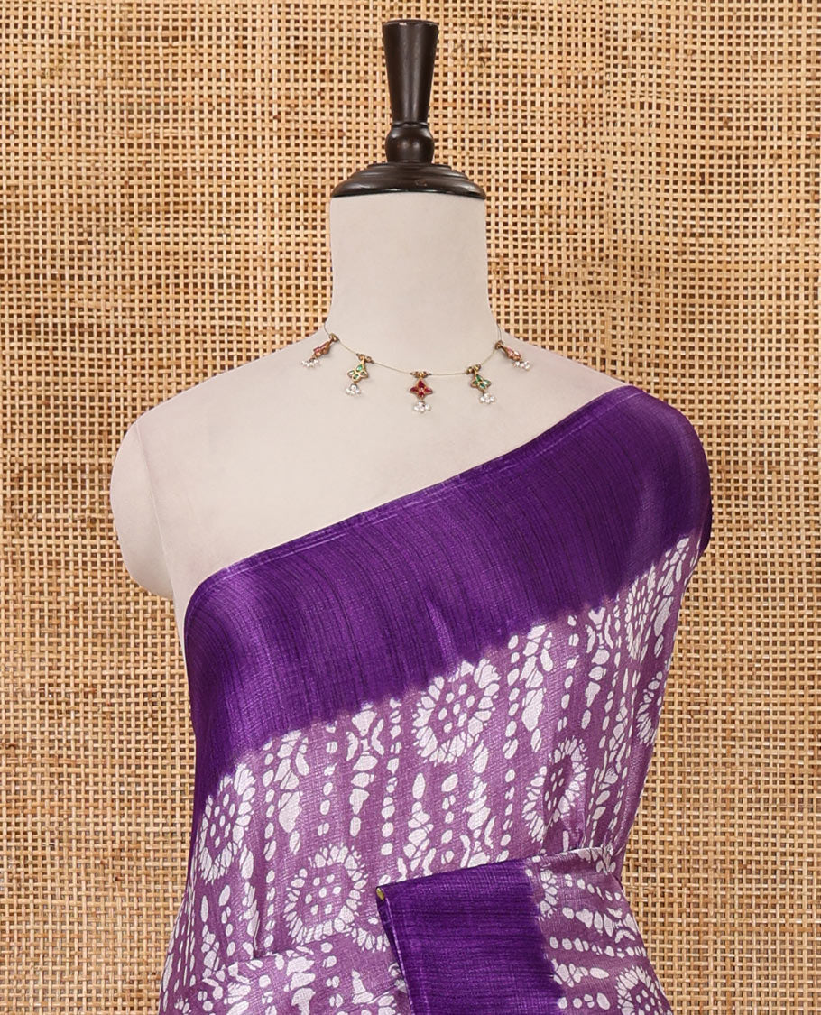 Lavender batik-style printed khadi cotton saree, contrast plain border, patola printed pallu & contrast plain blouse