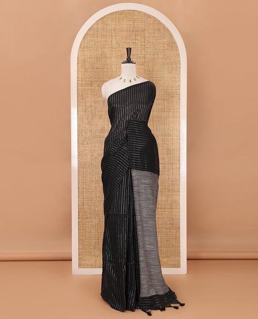 Borderless black vertical striped khadi cotton saree, contrast grey plain pallu & matching plain blouse