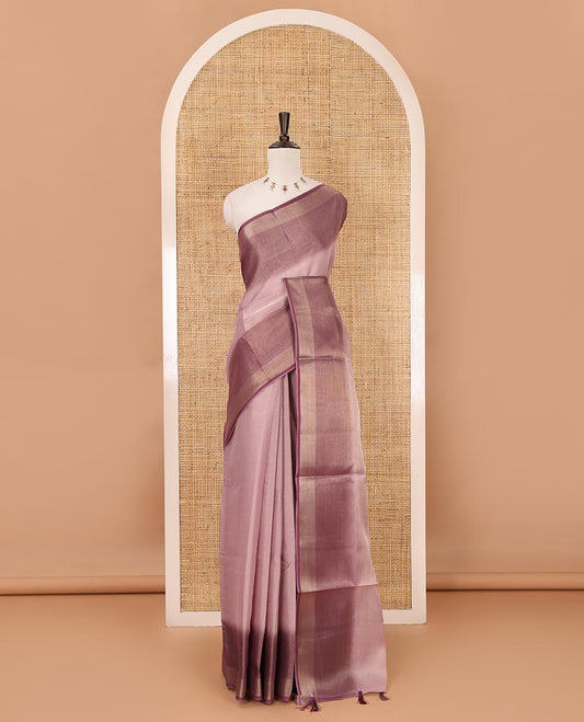 Lavender plain tissue saree, contrast gold zari piping border & self pallu with tussels