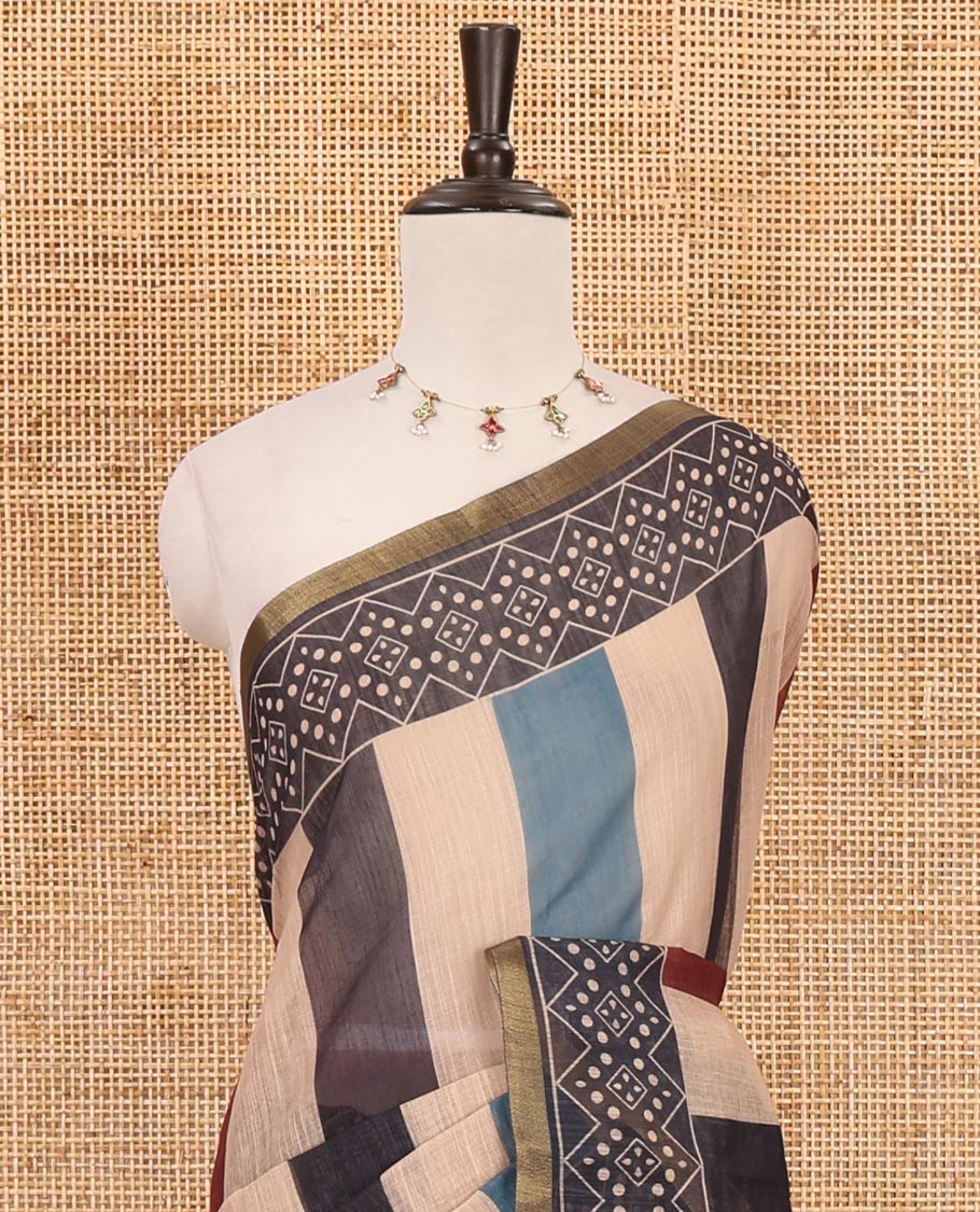 Multi-color striped linen saree, contrast geometric patterned border, intricate pallu & striped blouse