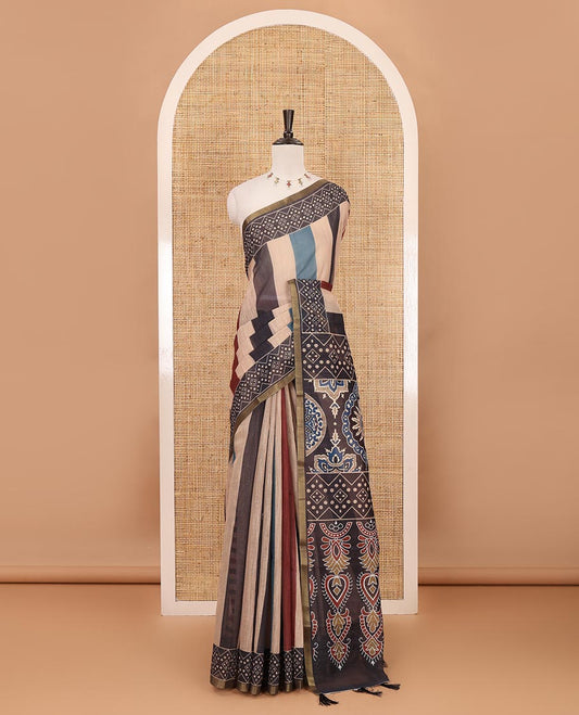 Multi-color striped linen saree, contrast geometric patterned border, intricate pallu & striped blouse