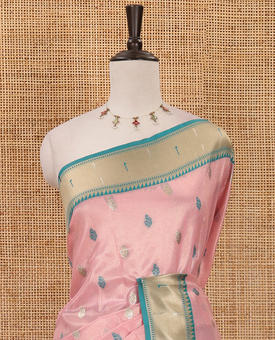 Baby pink zari & thread buttas woven tissue silk saree, contrast muniya temple border, paithani-style design pallu & contrast zari buttas blouse