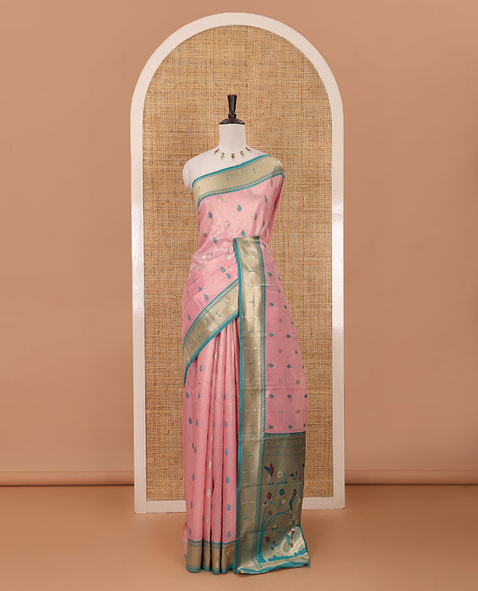 Baby pink zari & thread buttas woven tissue silk saree, contrast muniya temple border, paithani-style design pallu & contrast zari buttas blouse